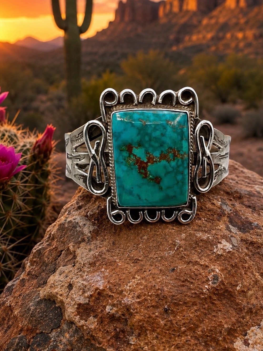 Navajo Fred Harvey Southwest Sterling Silver Natural Turquoise Cuff Bracelet 7"